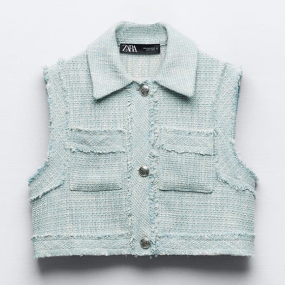 Blue tweed textured Zara vest with buttons - Picture 2 of 12
